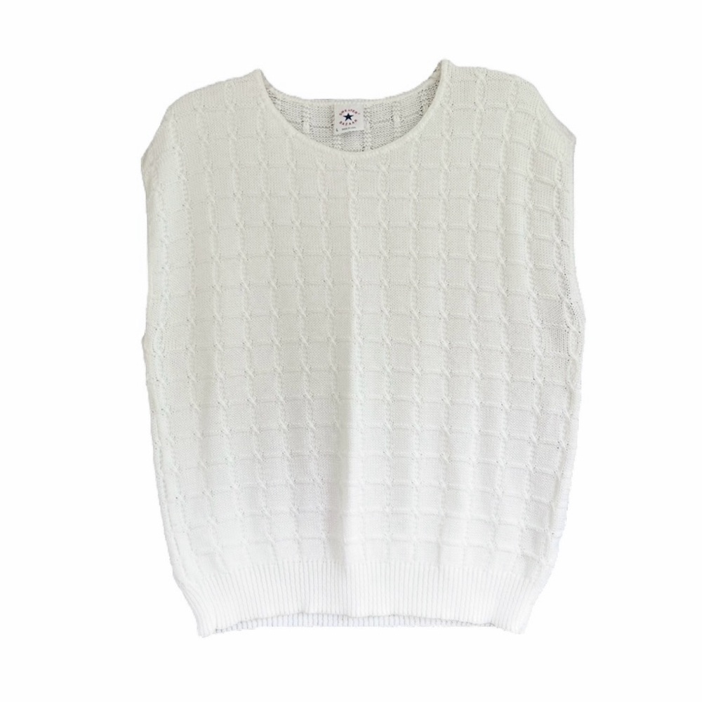 VINTAGE SWEATER BAZAAR White Knit Sleeveless Sweater Vest Preppy Academia | Sz L